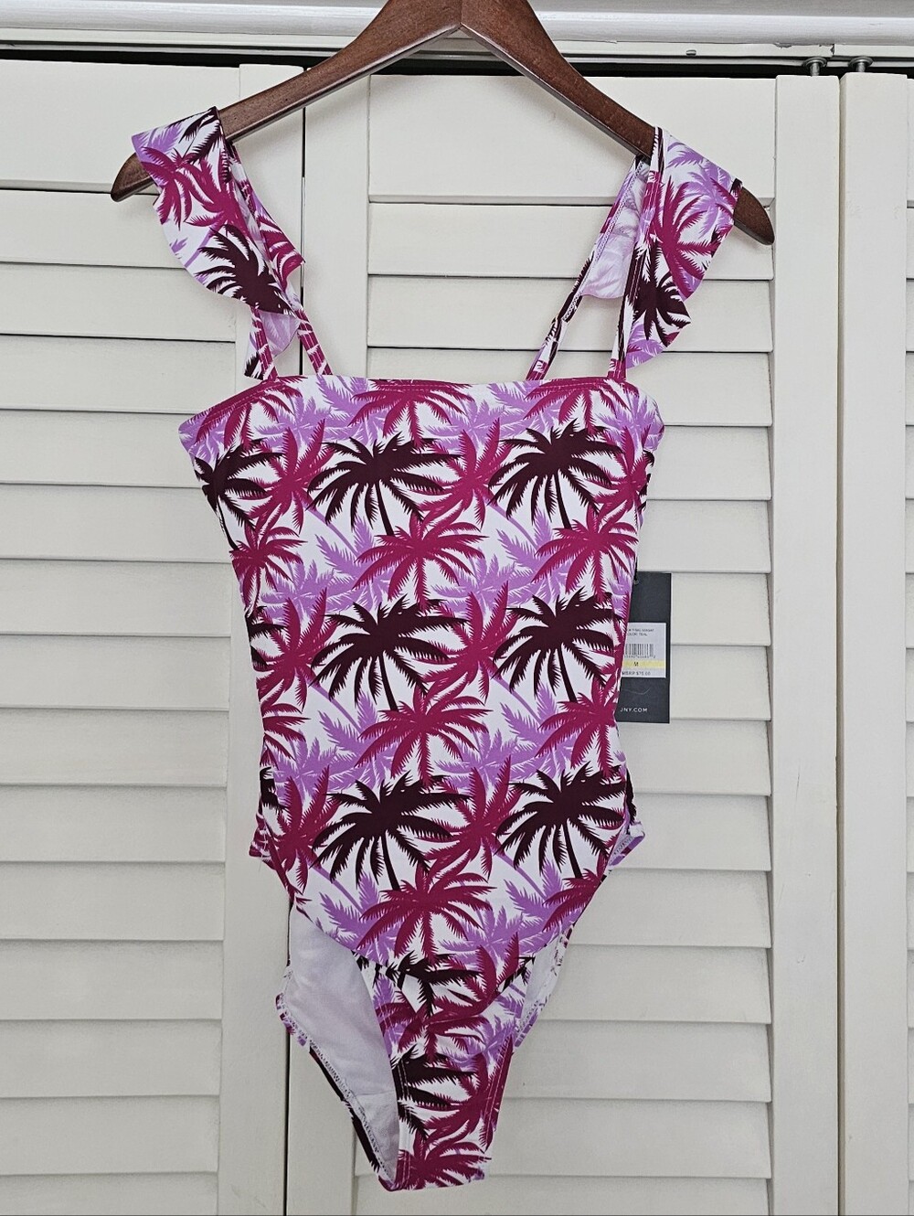 Jones New York One Piece Swimsuit Sz M Palm Tree Print Purple Pink Ruching NWT